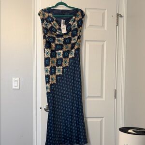 Ann Taylor Navy and Teal Printed Cowl-Neck Maxi Dress